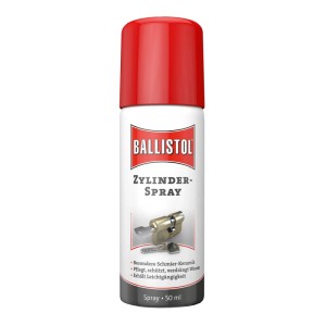 Ballistol Zylinderspray 50 ml: Weiße Dose mit rotem Deckel, schmiert und pflegt Schlösser, verdrängt Wasser.