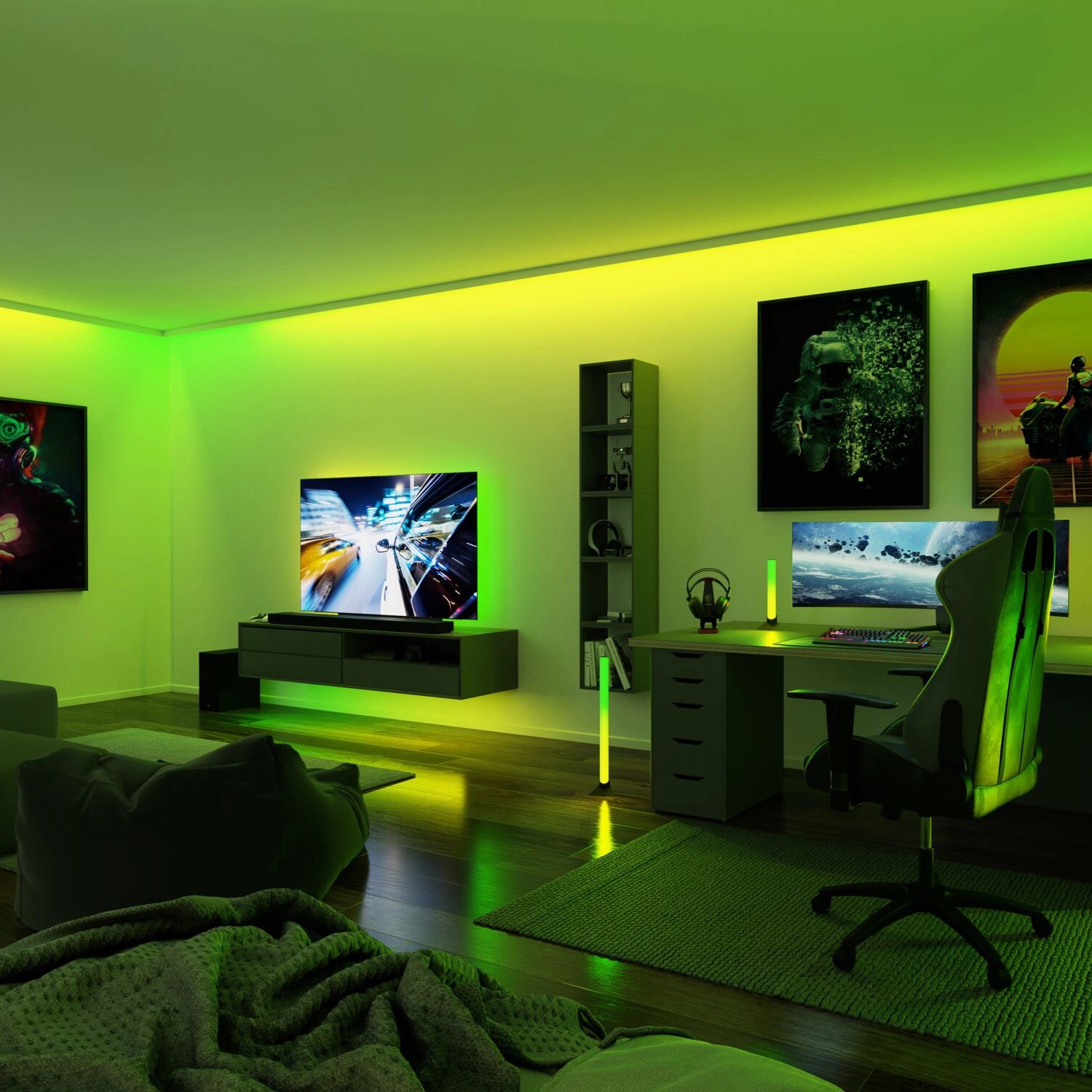Ambiente mit Paulmann EntertainLED Streifen am 75-Zoll-TV und an der Decke.
