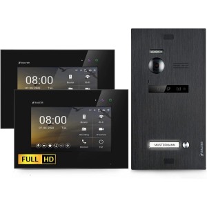 Balter EVO-HD Video-Türsprechanlage mit 2 Monitoren und Türstation in Schwarz.
