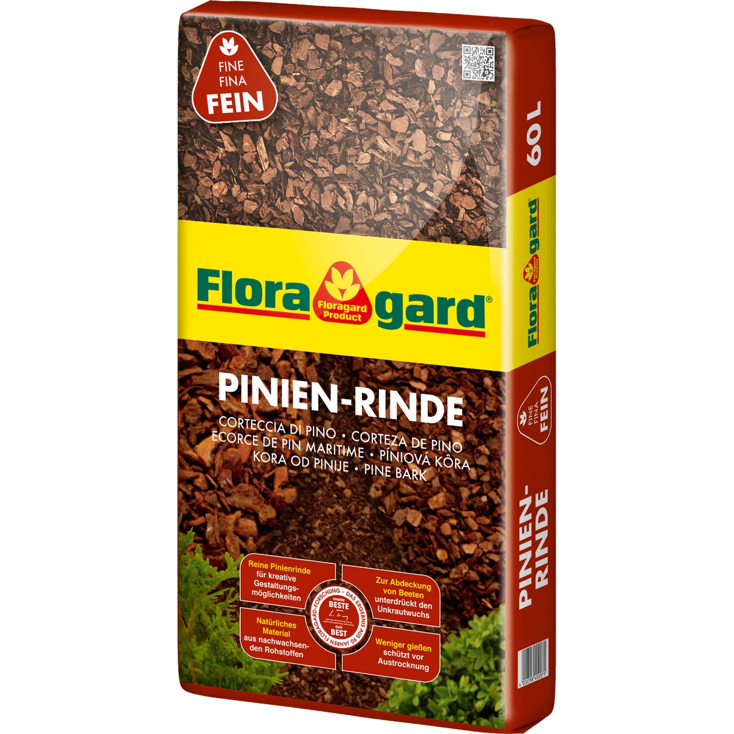 Sack Floragard Pinienrinde, feine Körnung 7-15 mm, 60 Liter. Natürlicher Bodenbelag zur Beetabdeckung.