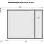 Fundamentplan des Karibu Gartenhauses mit Schrank und Anbaudach, Maße in Millimeter.