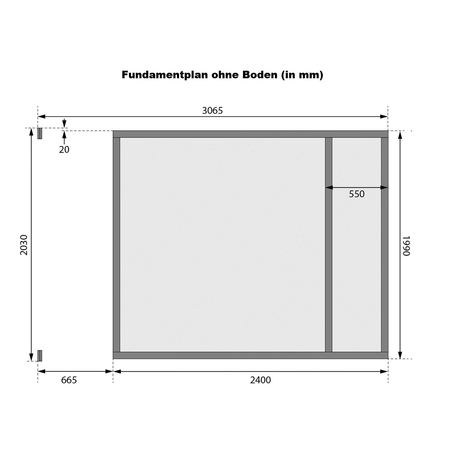 Fundamentplan des Karibu Gartenhauses mit Schrank und Anbaudach, Maße in Millimeter.
