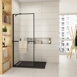 AICA 140x200cm Walk In Schwarz Aluminiumrahmen Duschwand mit Duschregal Handtuchhalter mit Stabilisator Duschabtrennung 8mm NANO Glass F070B