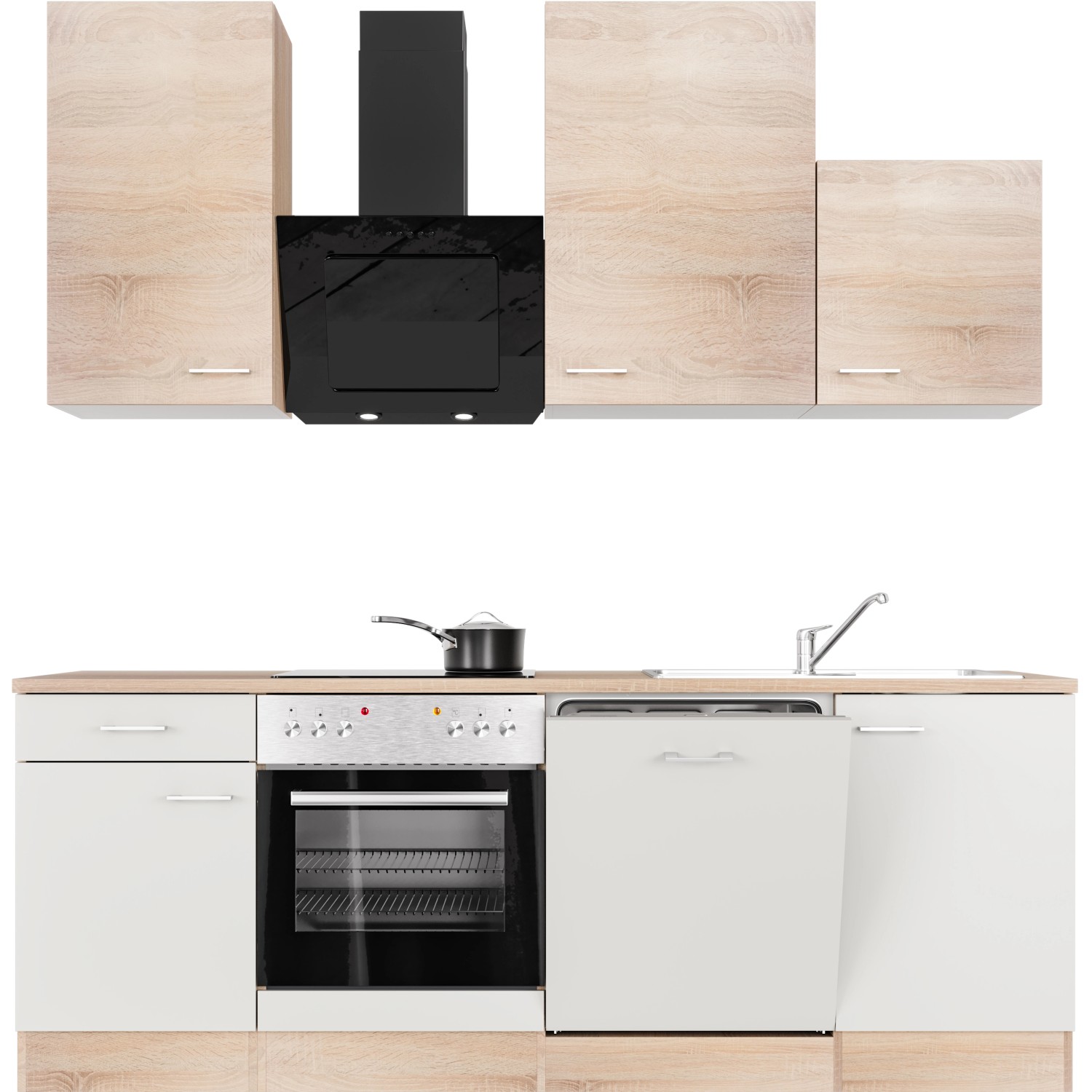 Flex-Well Küchenzeile Florida, 220 cm, Weiß/Sonoma Eiche, mit E-Geräten und Spüle.