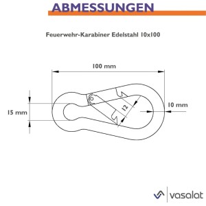Skizze eines Edelstahl Karabiners 10x100 mm mit Maßangaben.