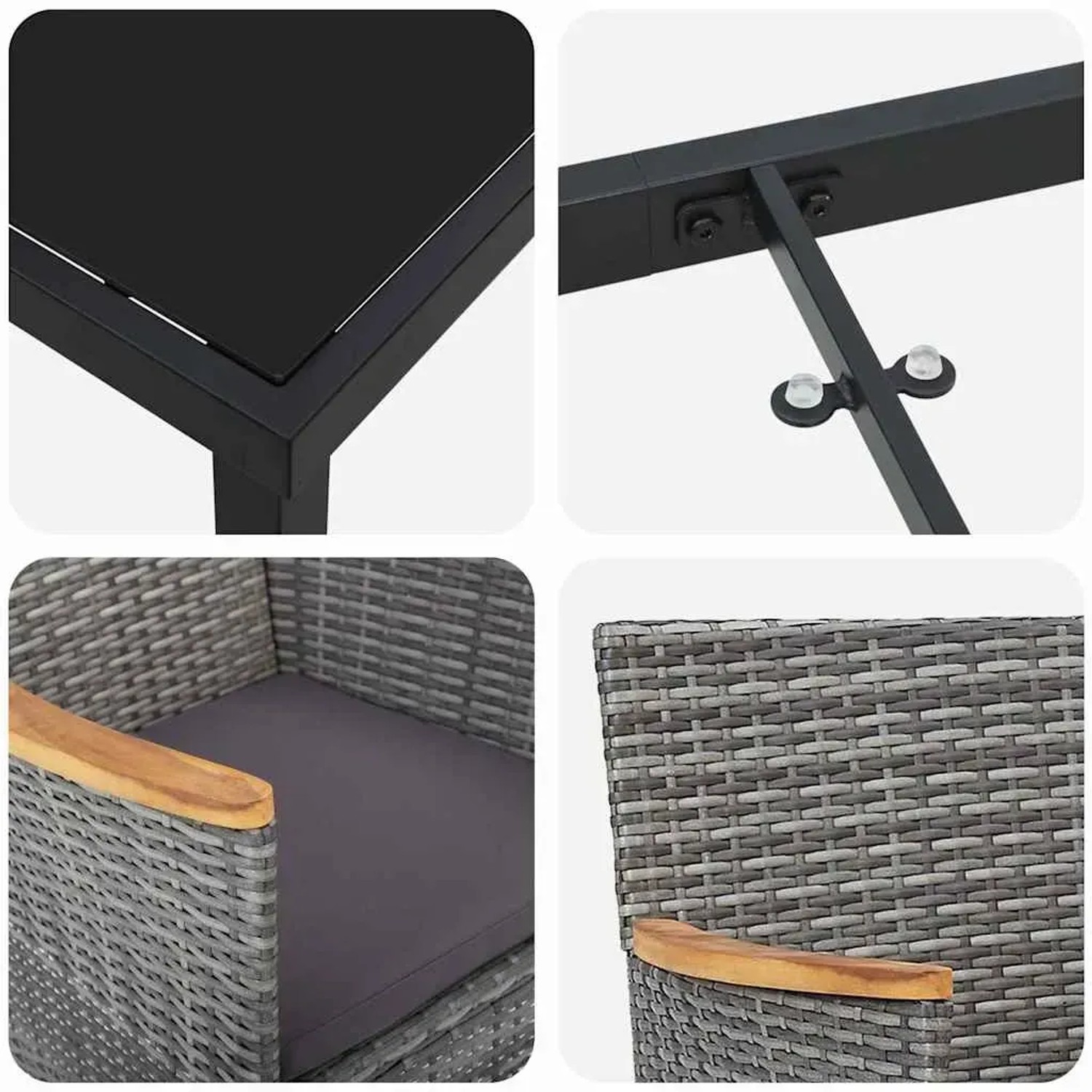 vidaXL Garten Essgruppe, 3-tlg, grau, Poly Rattan, mit Tischplatte aus Glas und Akazienholz Armlehnen.