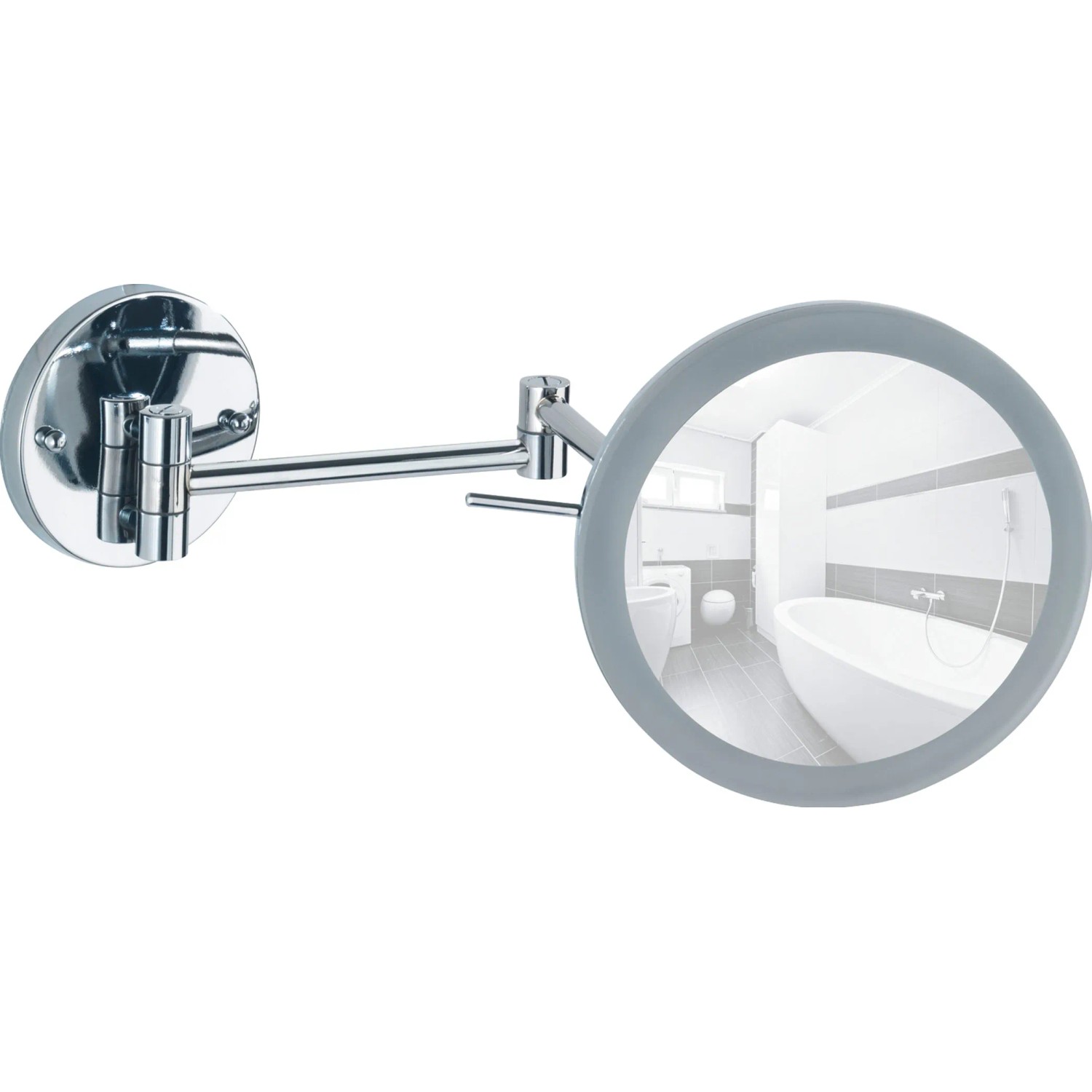 Wenko Power-Loc LED Wandspiegel Aura, runder Kosmetikspiegel mit Chrom-Arm und Badezimmer-Reflexion.