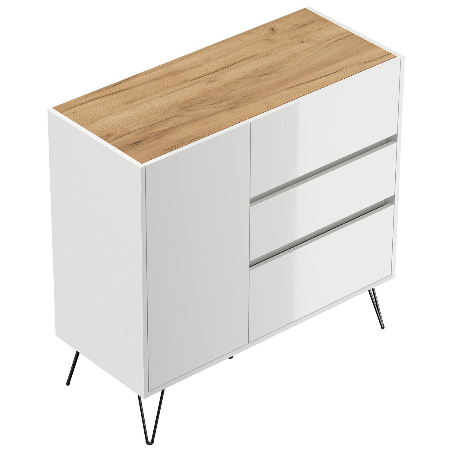 Posseik Sideboard Industrial L 3 Schubladen 1 Tür 100 cm Weiß Eiche Top günstig online kaufen