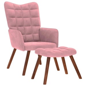 Rosa Relaxsessel mit Hocker, Samtbezug und Holzfüßen. Gemütlicher Loungesessel für Wohnzimmer oder Büro.