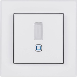 Weißer Homematic IP Bewegungsmelder für 55er Rahmen innen. Erkennt Bewegung, mit zwei Tasten für Hausautomation.