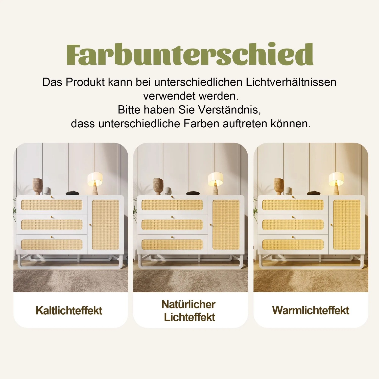 Merax Kommode, weiß, Rattanfront, Goldgriffe. Zeigt Farbunterschiede unter Kalt-, Natur- und Warmlicht.