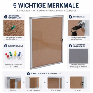 Silberner Aluminium Schaukasten Q51 mit brauner Korkwand, abschließbar. Zeigt Zubehör und Wandmontage. Bürobedarf.