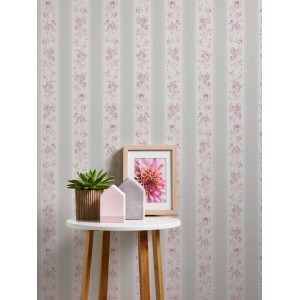 Bricoflor Vliestapete im Landhausstil mit Rosen und Streifen in Grau und Rosa.