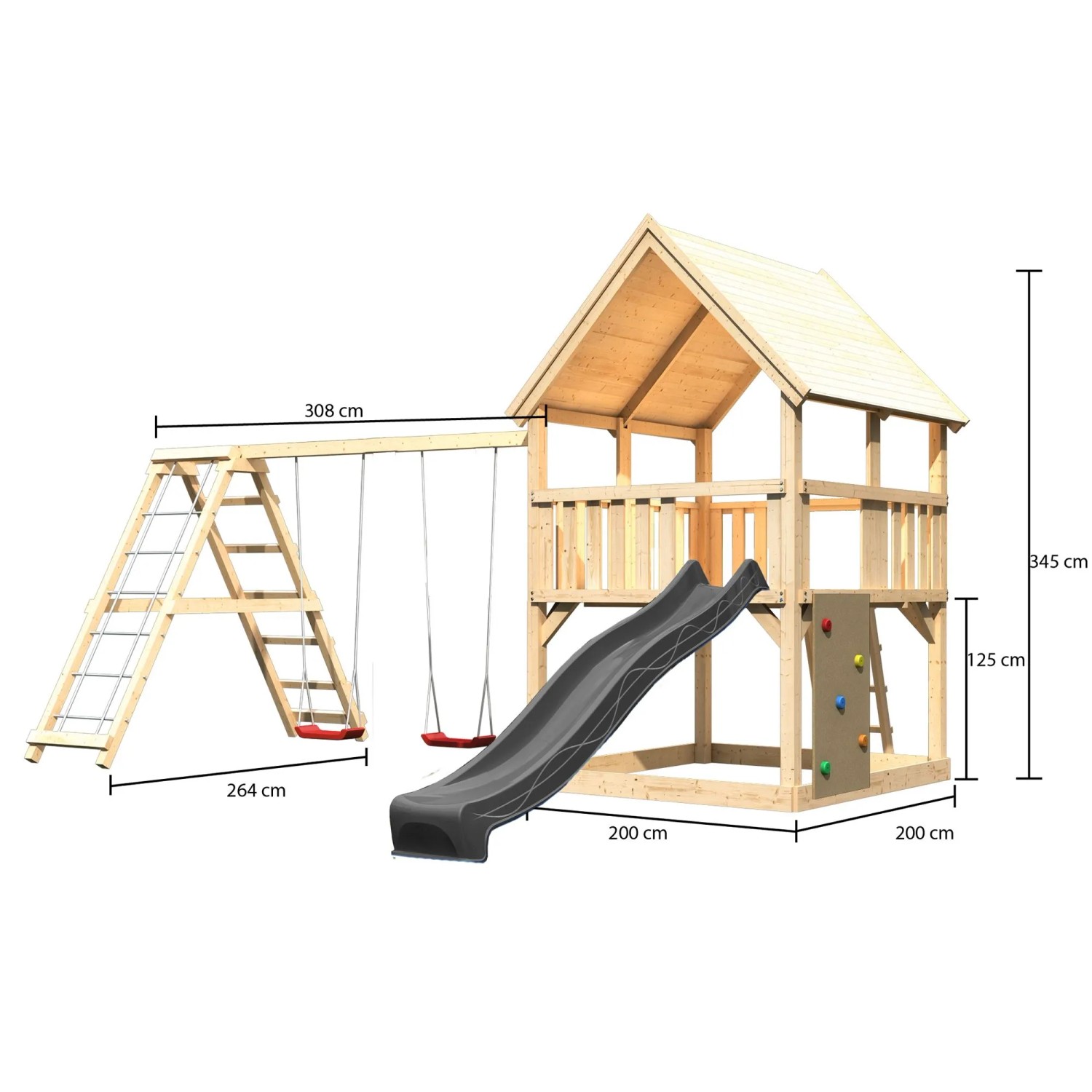 Karibu Spielturm Luis mit Rutsche, Schaukel, Kletterwand in Natur und Anthrazit. Gartenspielgerät aus Holz.