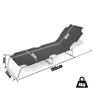 Schwarze, klappbare BigDean Sonnenliege mit verstellbarer Rückenlehne und Maßangaben.