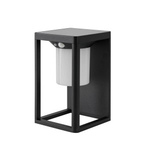 Moderne Lucande LED Solar-Wandleuchte Tilena in Schwarz mit Bewegungsmelder für den Außenbereich.