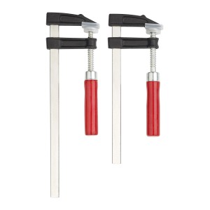 2-teiliges Zwingen Set mit roten Griffen und unterschiedlichen Größen. Spannwerkzeuge für diverse Anwendungen.