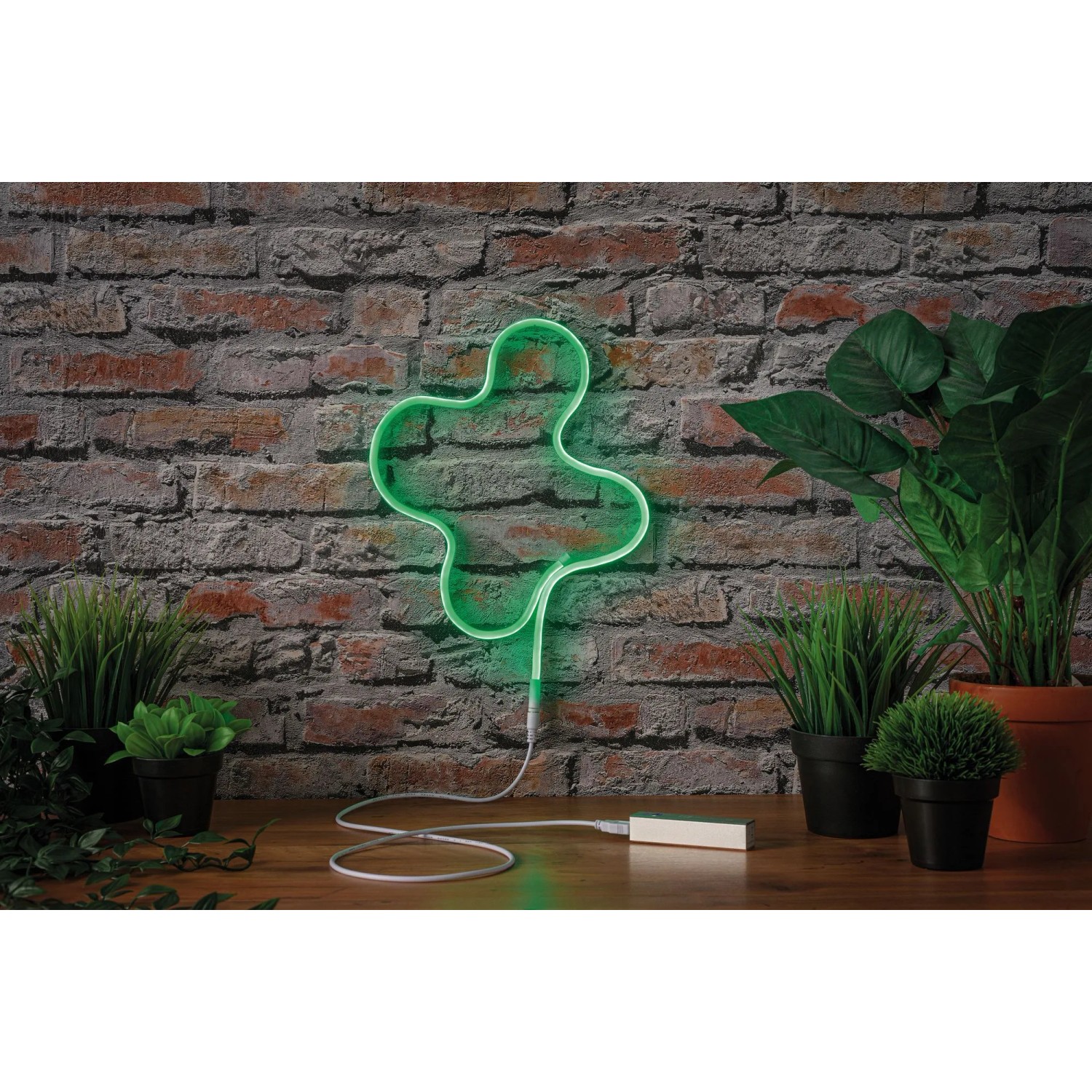 Grüner Paulmann LED Strip Neon Colorflex USB, 1 m, 4,5 W, an Backsteinwand.