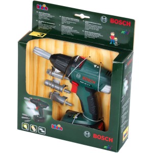 Bosch Akkuschrauber Spielzeug im Karton mit Zubehör, realistische Geräusche und Lichteffekte.