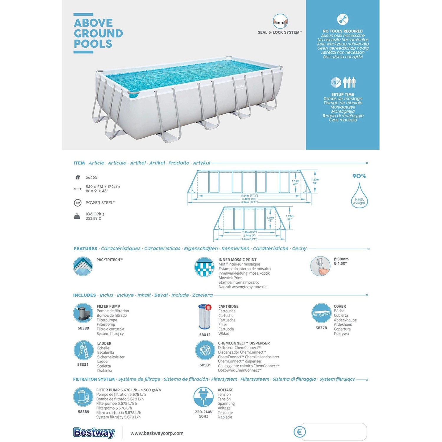 Bestway Stahlrahmenpool-Set Power Steel, 549x274x122cm, mit Zubehör wie Filterpumpe und Leiter.