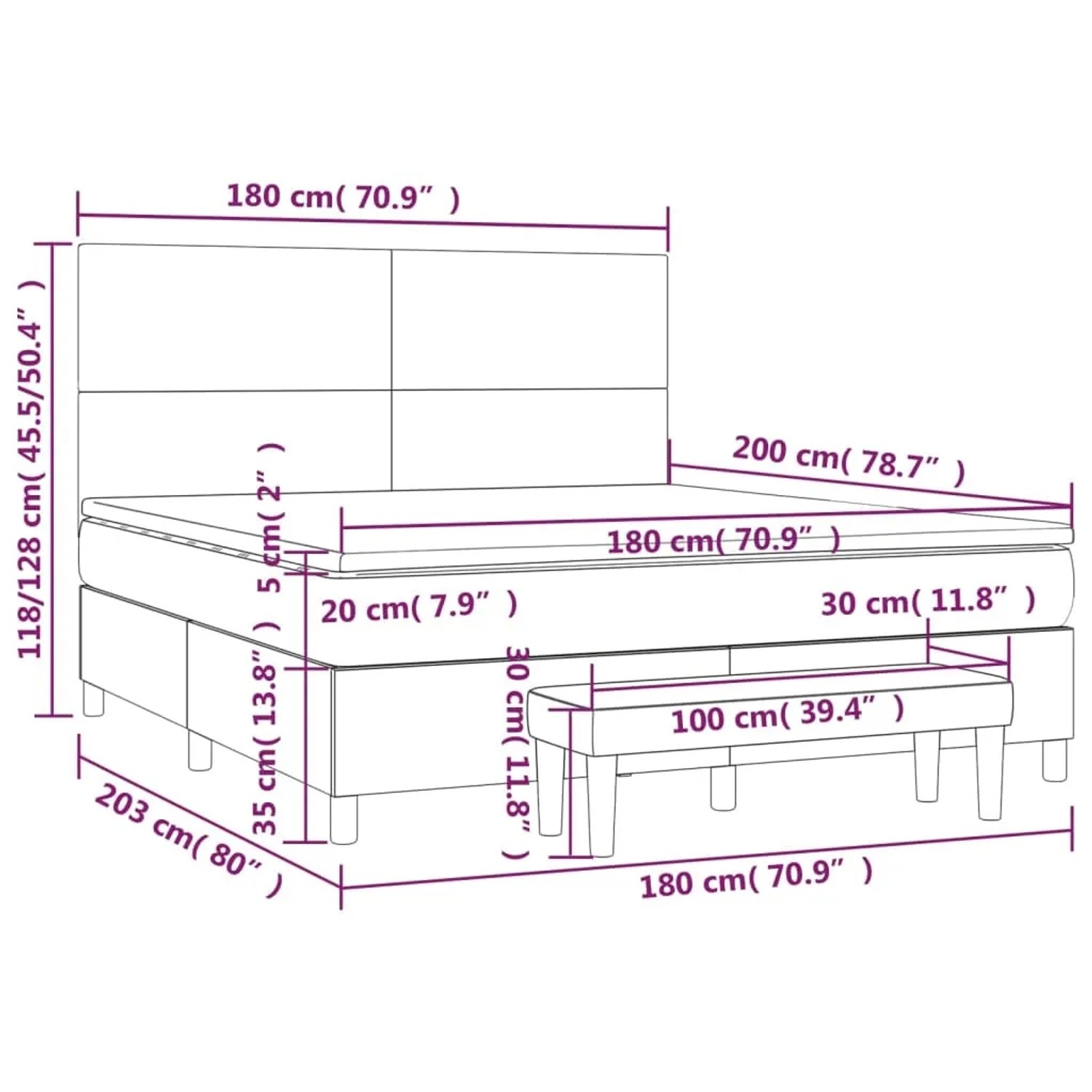 vidaXL Boxspringbett grau 180x200 cm mit Matratze, Auflage und Bank. Bett aus Kunstleder.