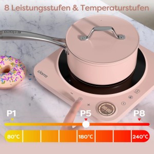 CIARRA Induktionskochplatte in Rosa mit Topf und Touch-Bedienfeld.