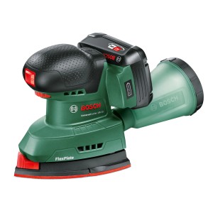 Bosch Akku-Multischleifer UniversalSander 18V-10 Solo, grüner Deltaschleifer mit Staubfangbox.