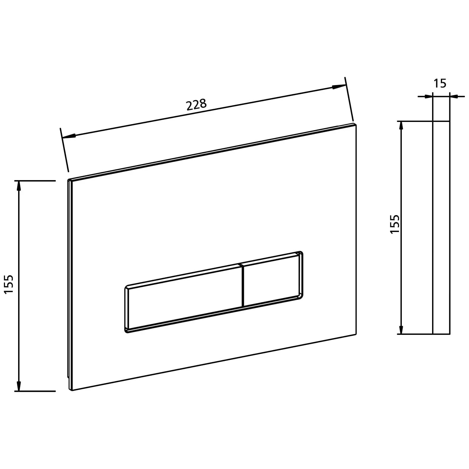 Kronenbach Betätigungsplatte Plantec 2.0 Cube 90, Glas schwarz, Chrom Glanz, mit Maßangaben.