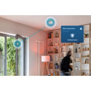 Bosch Smart Home Einbruchschutz Starter-Set mit Controller, Tür-/Fensterkontakt und Rauchmelder im Einsatz.