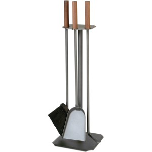 3-teilige Lienbacher Kamingarnitur in Anthrazit mit Holzgriffen: Besen, Schaufel und Schürhaken.