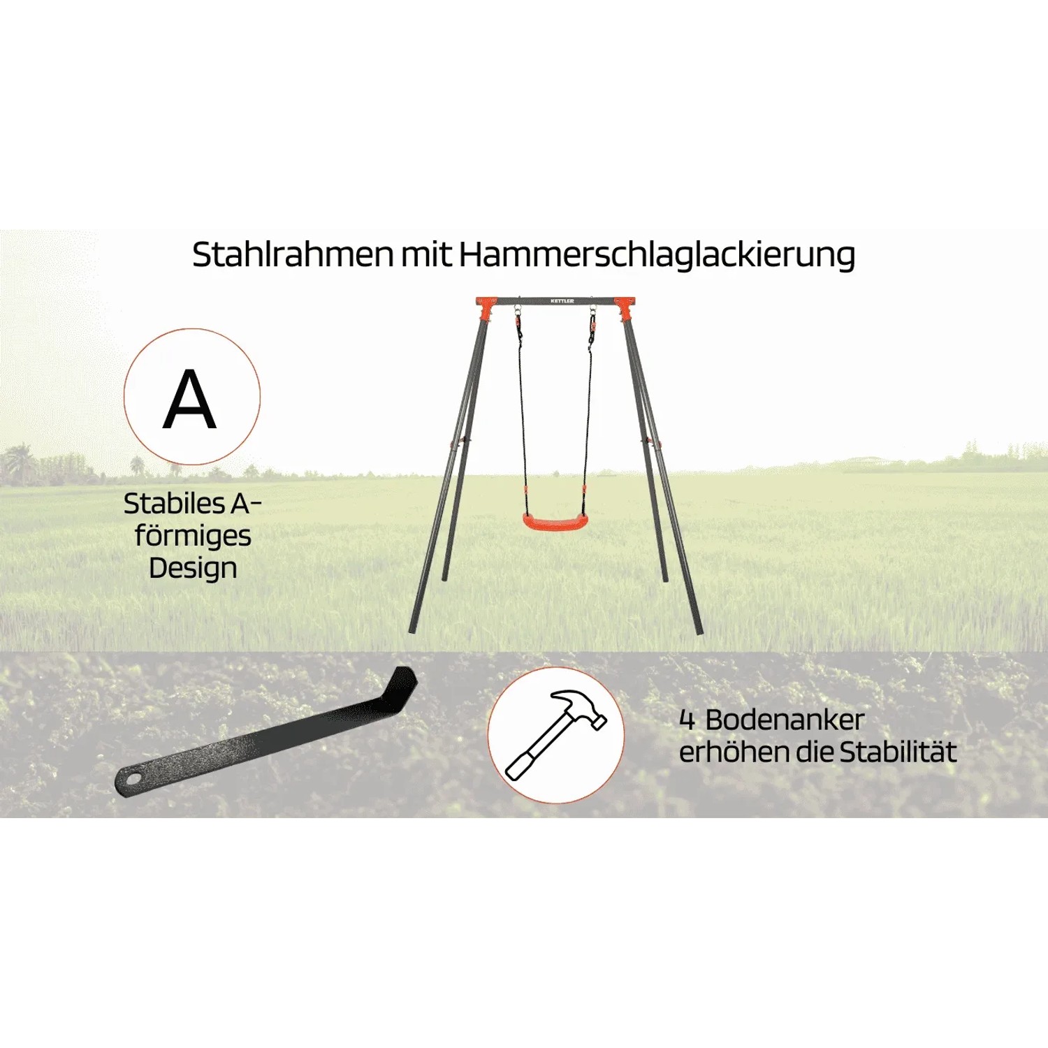 Kettler Einzelschaukel Single Grau/Orange mit stabilem A-Stahlrahmen, Hammerschlaglackierung und Bodenankern.