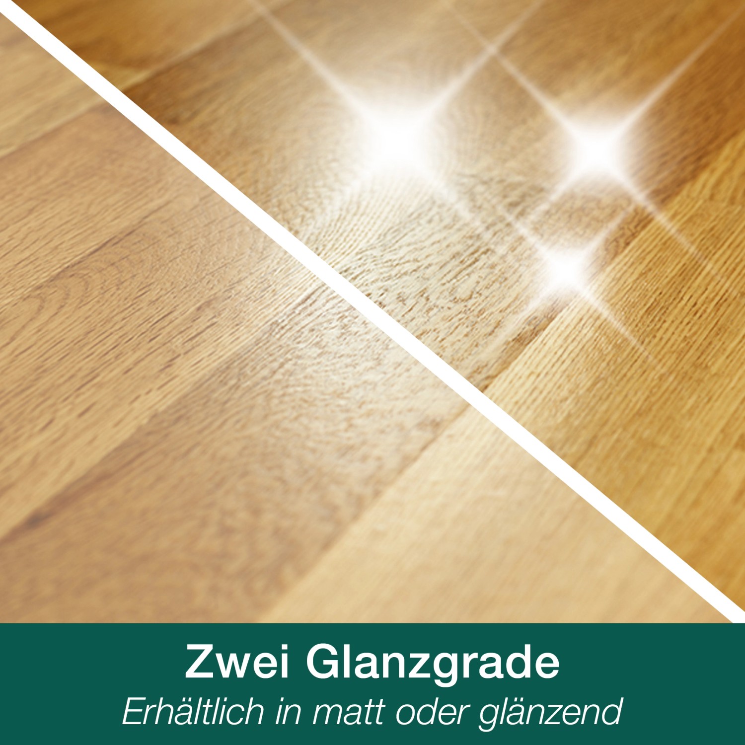 Holzboden, Hälfte mit Parkettlack glänzend, Hälfte ohne Lack. Bona Parkettlack Classic.