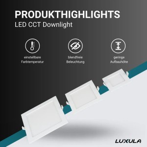 Quadratische, weiße LUXULA LED Einbauleuchte mit CCT Farbtemperatursteuerung.