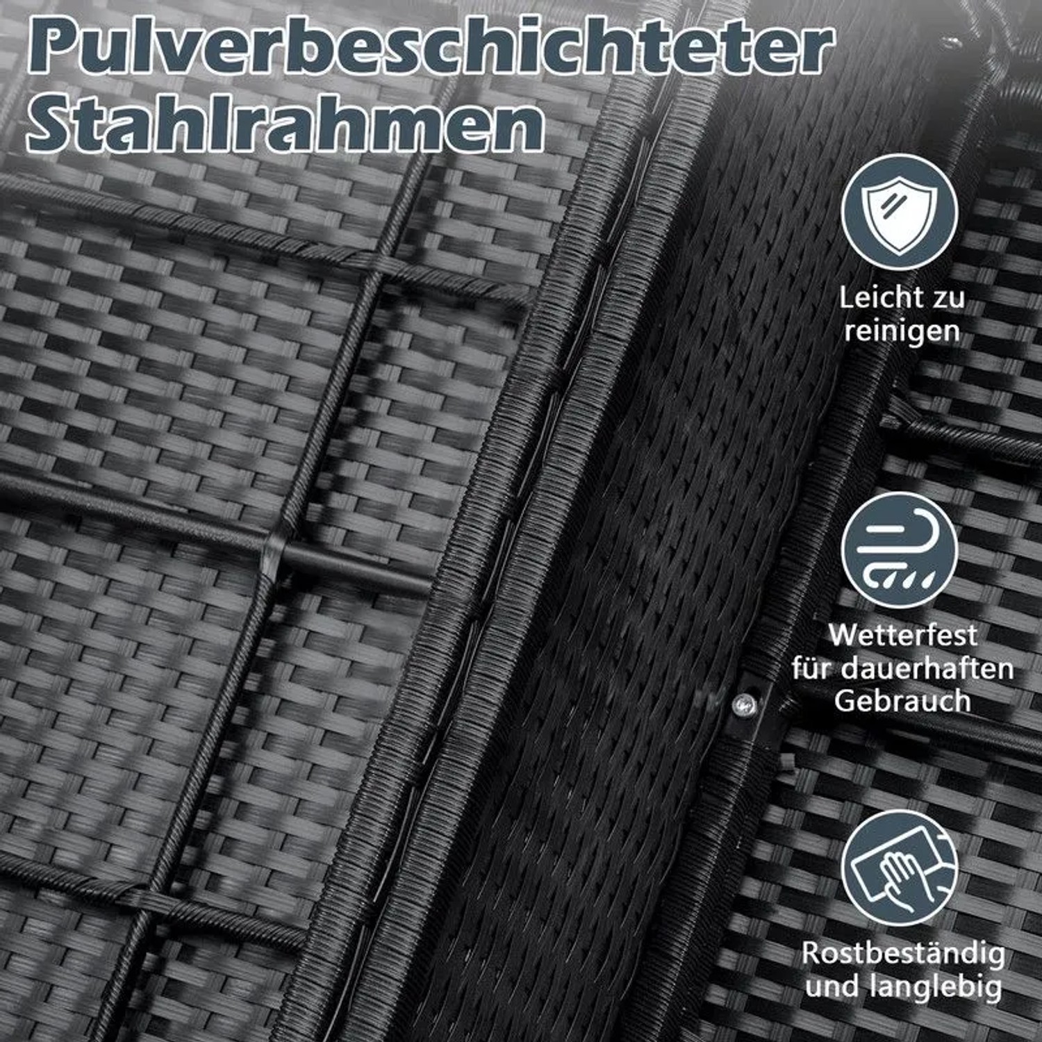 Nahaufnahme des grauen Polyrattan-Geflechts und pulverbeschichteten Stahlrahmens des Balkonmöbel Sets. Wetterfest, rostbeständig, pflegeleicht.
