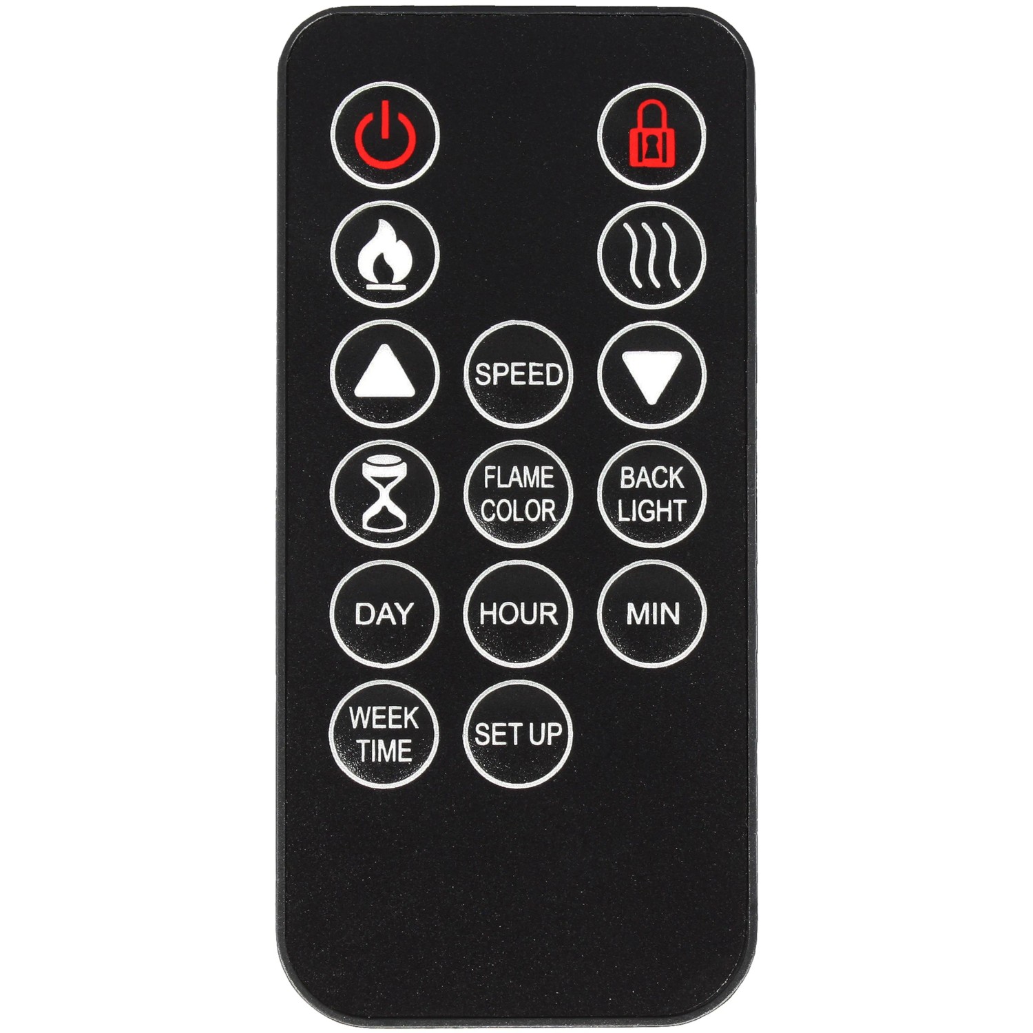 Fernbedienung für El Fuego Elektrokamin Aarau II, zur Steuerung von Flammen, Licht und Heizung.