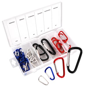 Tifler Karabinerhaken Set mit 25 Aluminiumhaken in Sortimentsbox, verschiedene Farben und Größen.