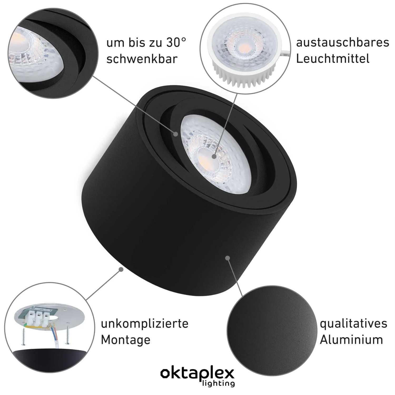 Oktaplex Deckenspot Lile S 6er Set, dimmbar, warmweiß, aus schwarzem Aluminium.