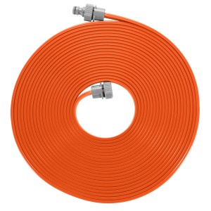 Gardena Schlauchregner 7,5 m, orange, mit Armaturen, aufgerollt.