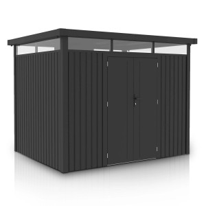 Modernes, anthrazitfarbenes Juskys Gerätehaus Luzern L (7,8 m²) mit Doppeltür und Fensterband.