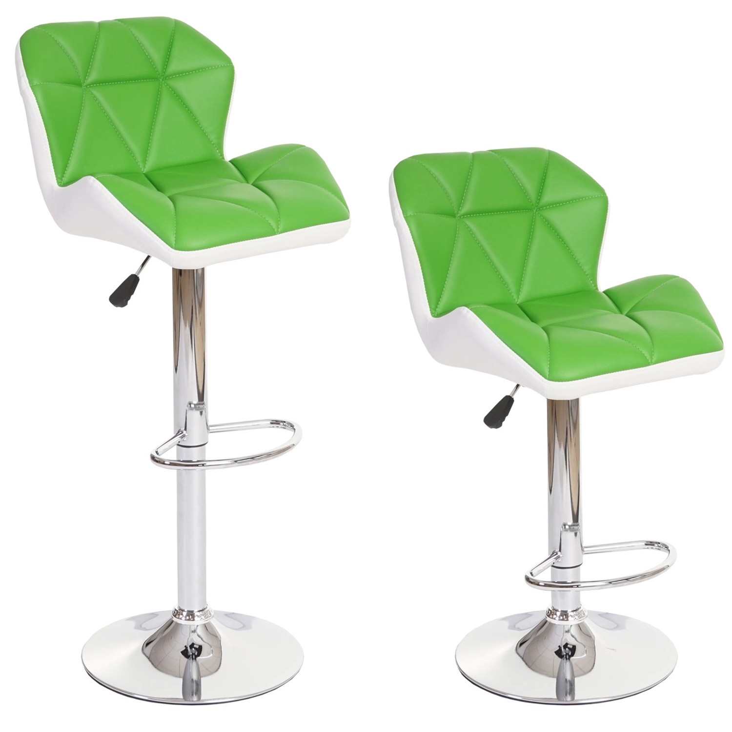 2er-Set Barhocker A92 in Grün/Weiß mit Chromgestell, höhenverstellbar und drehbar.