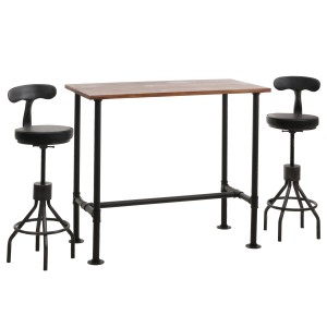 MCW Bartisch-Set N21 mit 2 Barhockern, braune Tischplatte, schwarzes Metallgestell im Industrie-Design.
