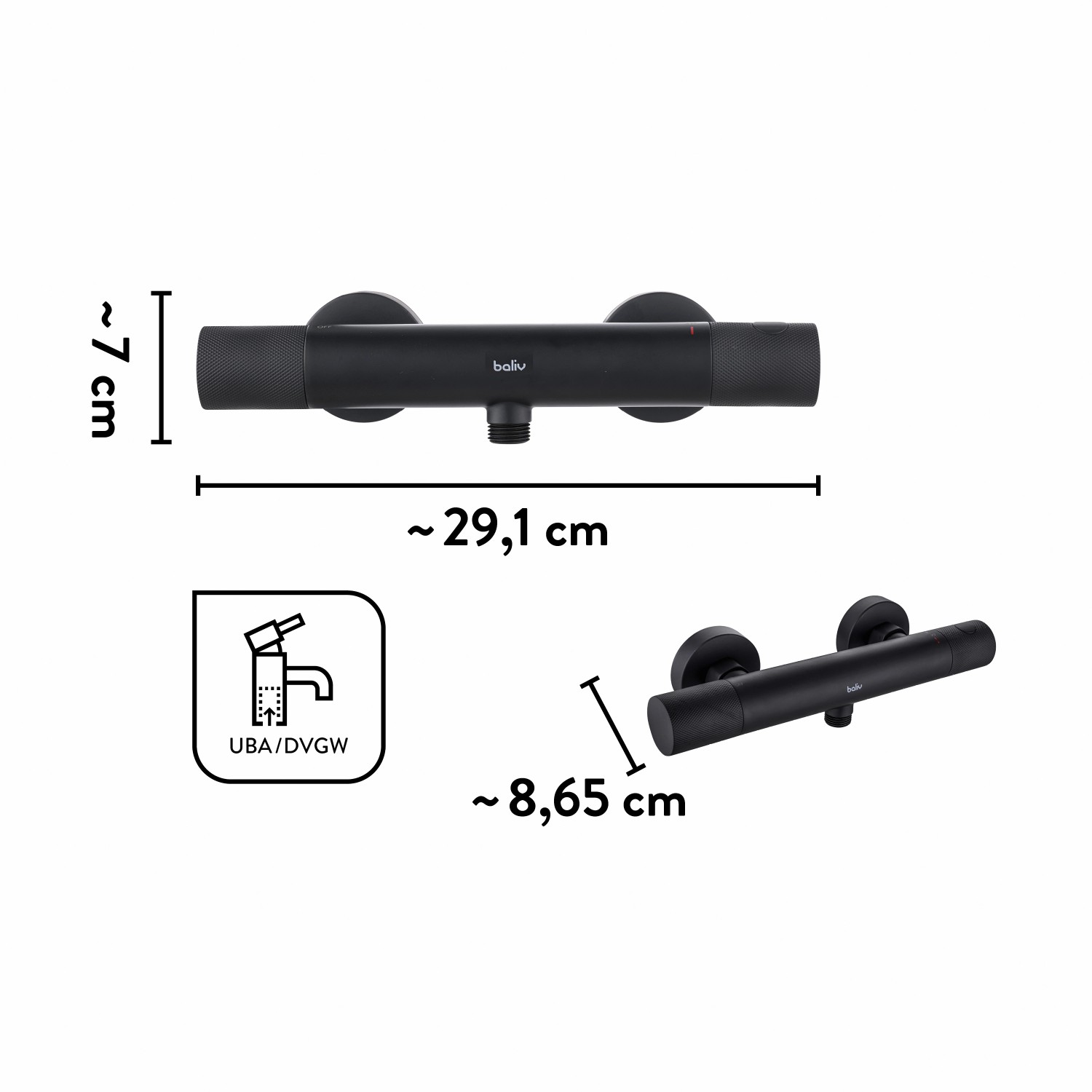 Schwarze baliv Thermostat-Duscharmatur DU-2060 mit Maßangaben.