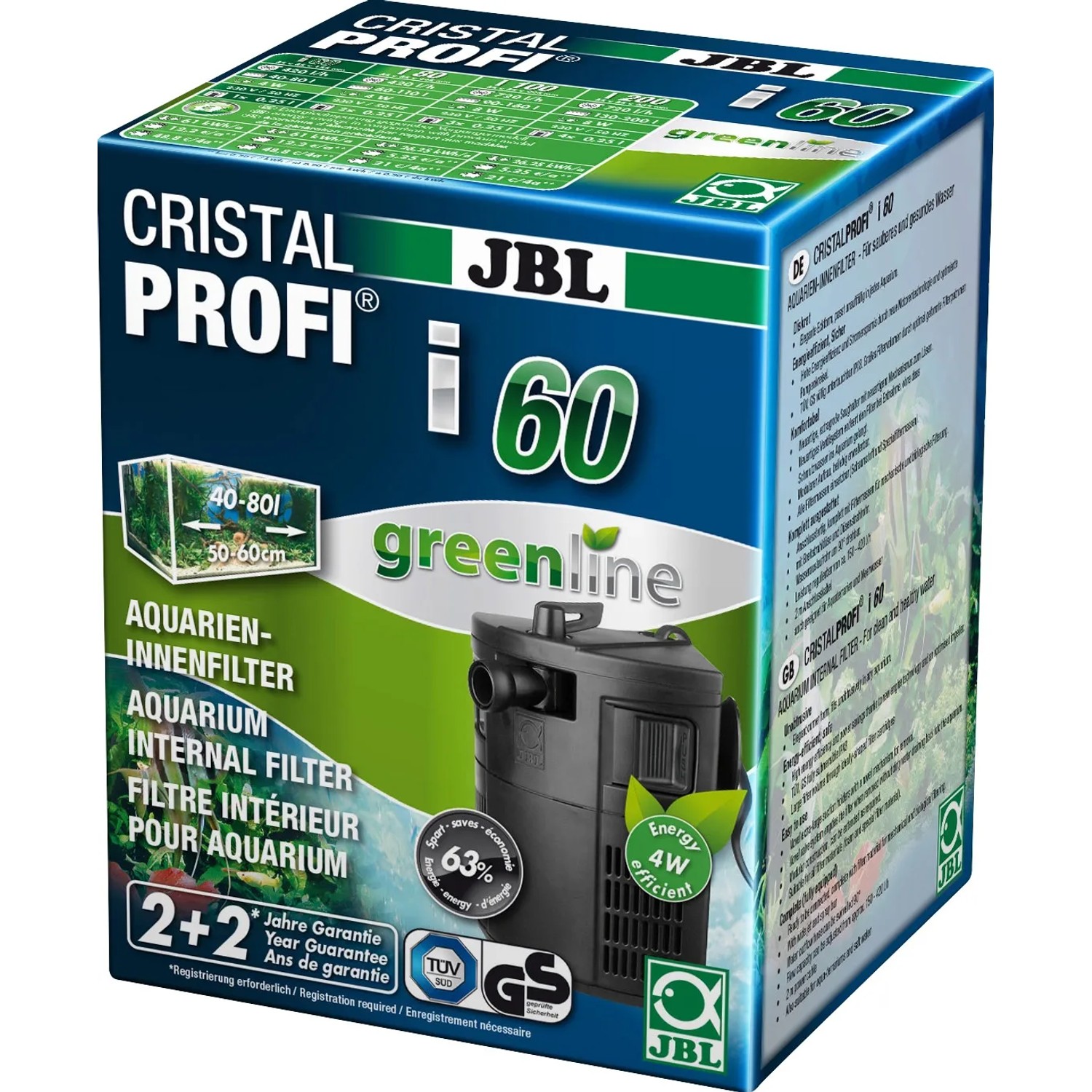 Verpackung JBL CristalProfi i60 greenline Aquarium Innenfilter für 40-80L Aquarien.