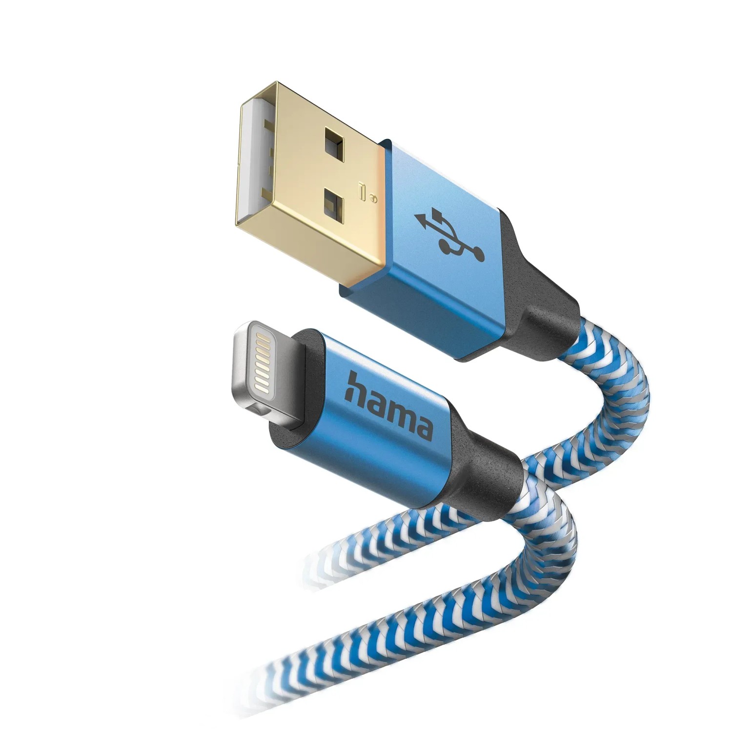 Blaues Hama Ladekabel, USB-A auf Lightning, 1,5m, mit reflektierendem Nylon-Kabel.
