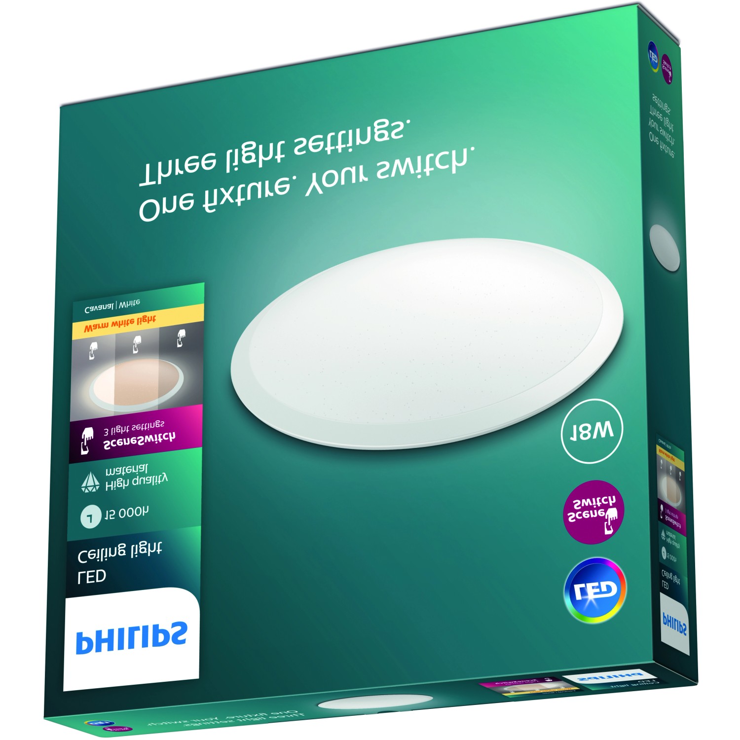 Verpackung der runden, weißen Philips LED-Deckenleuchte myLiving Cavanal SceneSwitch mit 3 Helligkeitsstufen.