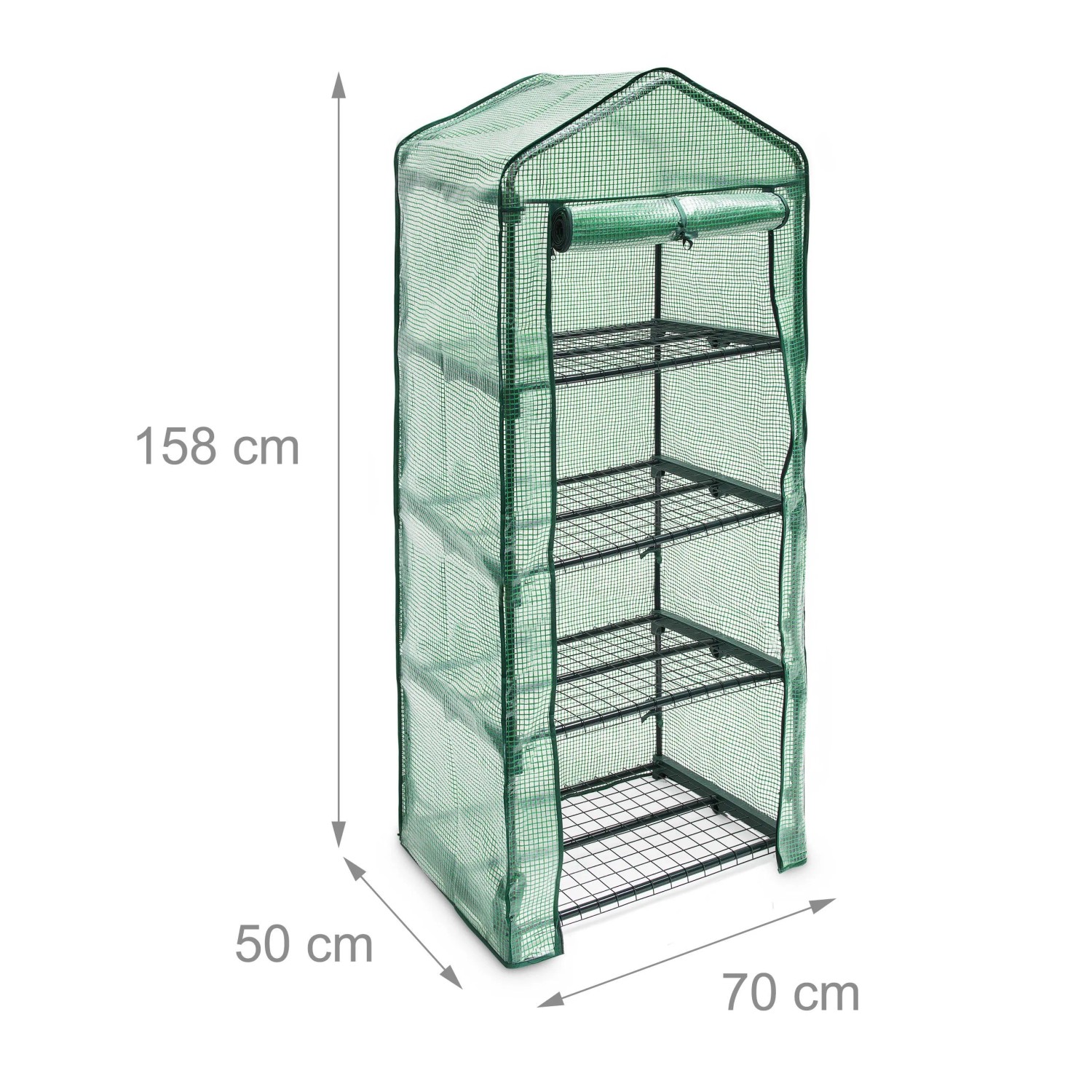 Grünes Foliengewächshaus mit 4 Regalen, aufgerollter Tür. Maße: 158x70x50 cm. Ideal für Jungpflanzen-Anzucht.