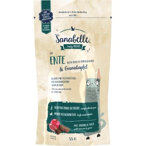 Sanabelle Katzen-Nassfutter Snack Ente/Granatapfel, 55g Packung. Getreidefreie Rezeptur mit hohem Fleischanteil.