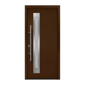 EcoStar Haustür Isopro IP 780S in Terrabraun mit Edelstahlgriff und schmalem Glaseinsatz.