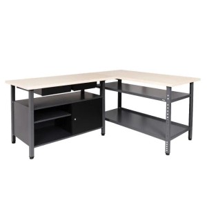 L-förmiges Ondis24 Werkstatt-Set Ecklösung mit hellen Arbeitsplatten, dunklem Metallgestell, Schrank, Schubladen und Ablagen.