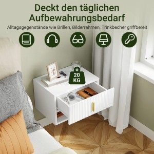 SoBuy Schwebender Nachttisch mit LED-Sensorleuchte Wandregal mit Schublade Nachtschrank Weiß Gold 40x26x30cm FBT176-E-W